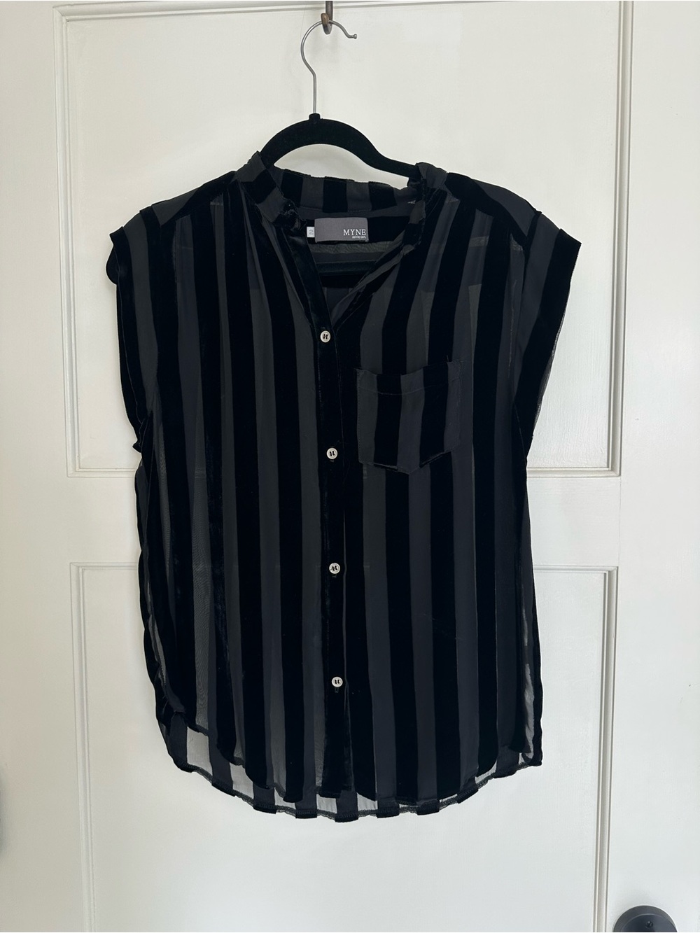 Myne Striped Sheer Black Short-Sleeve Button-Up Shirt